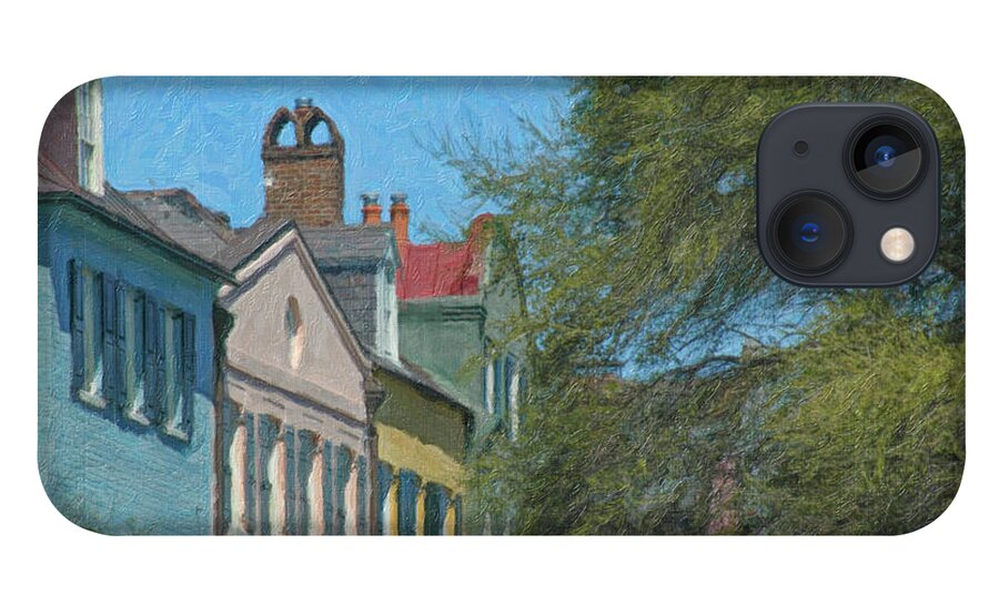 Rainbow Row iPhone 13 Case featuring the painting Charleston Rainbow Row Rooftops by Dale Powell