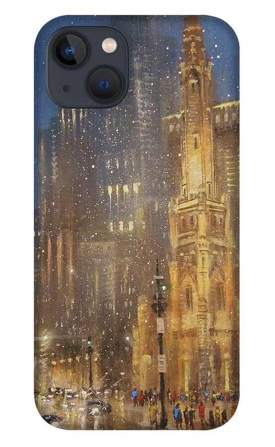 Snow Scene iPhone 13 Case featuring the painting Chicago Water Tower by Tom Shropshire