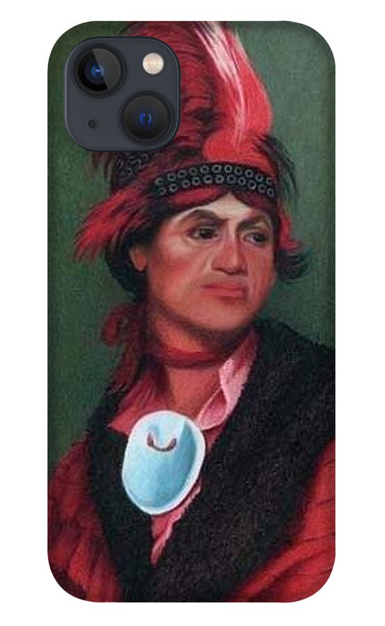 Chief Joseph Brant. Native American Portrait. American Indian Portrait. Feather Plume Headdress. Abalone Shell Necklace. Red Ruffled Shirt. Native American Chief. Mohawk Chief iPhone 13 Case featuring the painting Chief Joseph Brant by Valerie Evans