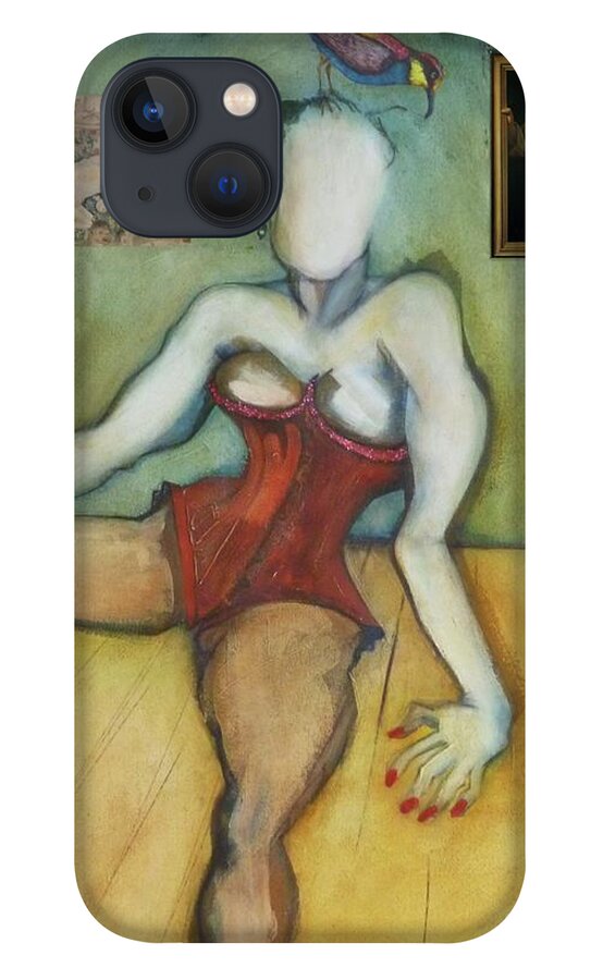 Burlesque iPhone 13 Case featuring the painting Chin Chin With an Imaginary Bird on Her Head by Carolyn Weltman