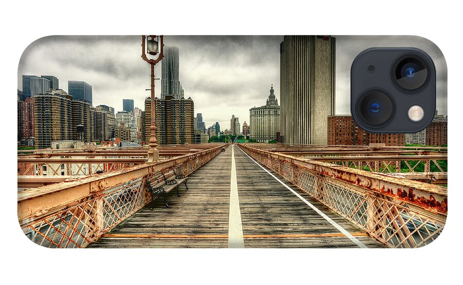 Suspension Bridge iPhone 13 Case featuring the photograph Cloudy New York From Brooklyn Bridge by Ixefra