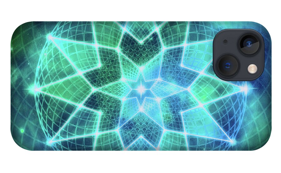 Seed Of Life iPhone 13 Case featuring the digital art Cosmic Geometric Seed of Life Crystal Turquoise Lotus Star Mandala by Laura Ostrowski