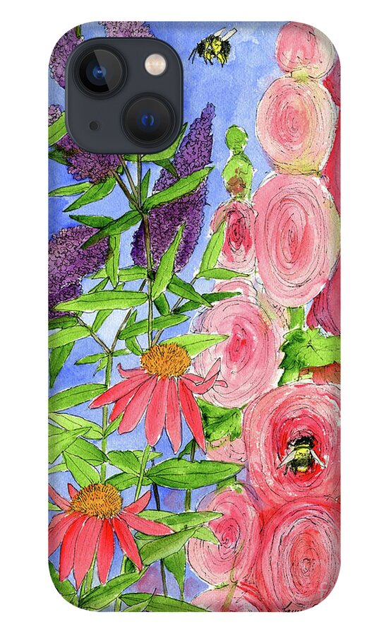 Watercolor iPhone 13 Case featuring the painting Cottage Garden Hollyhock Bees Blue Skie by Laurie Rohner