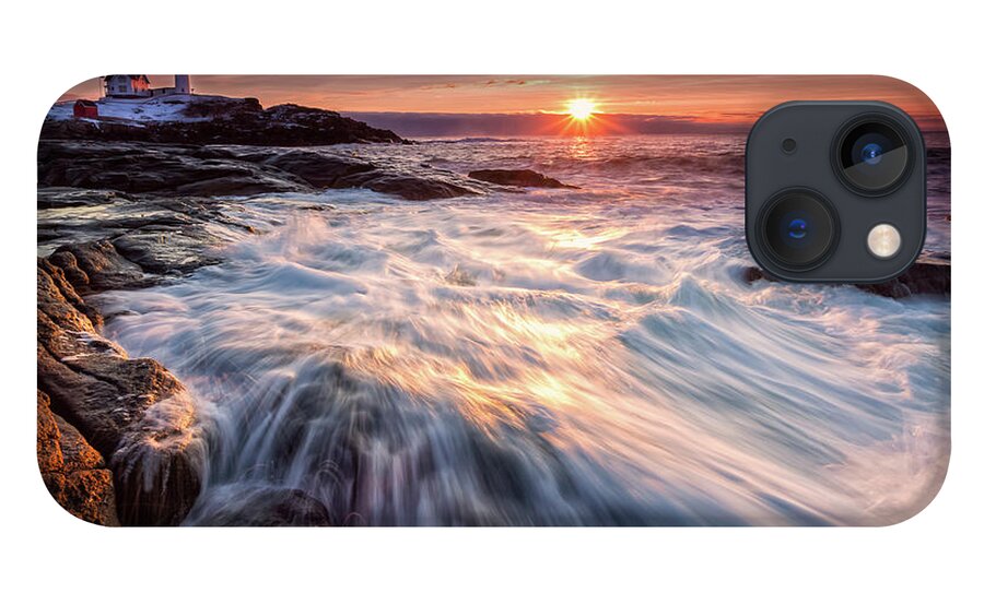 Amazing New England iPhone 13 Case featuring the photograph Crashing Waves at Sunrise, Nubble Light. by Jeff Sinon