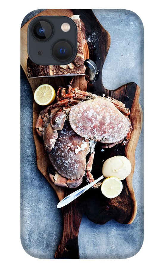 Cutting Board iPhone 13 Case featuring the photograph Cutting Board With Crab And Lemon by Line Klein