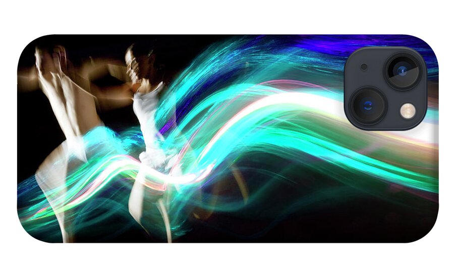 Young Men iPhone 13 Case featuring the photograph Dance Couple Race Abstract Blue Light by John Rensten