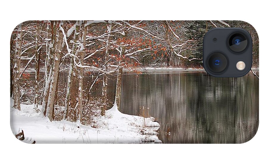 Wintertime Snow Trees Lake Bench Reflections iPhone 13 Case featuring the photograph Empty Bench by Scott Burd