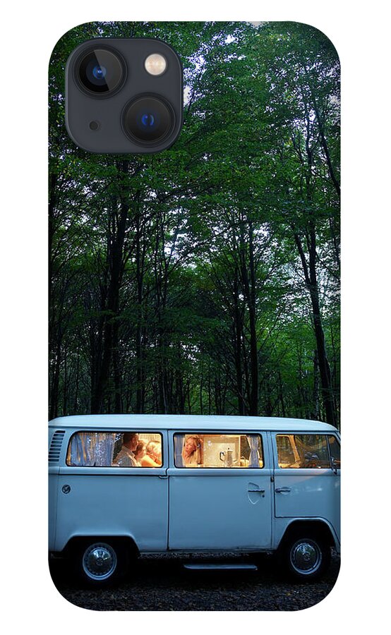 Child iPhone 13 Case featuring the photograph Family In Illuminated Van In Forest by Jakob Helbig