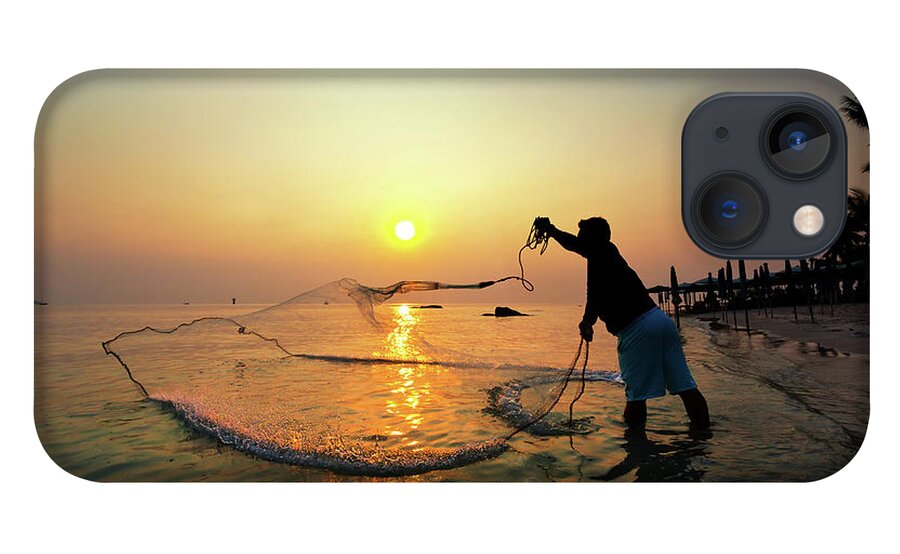 People iPhone 13 Case featuring the photograph Fisherman Catching A Fish by Monthon Wa
