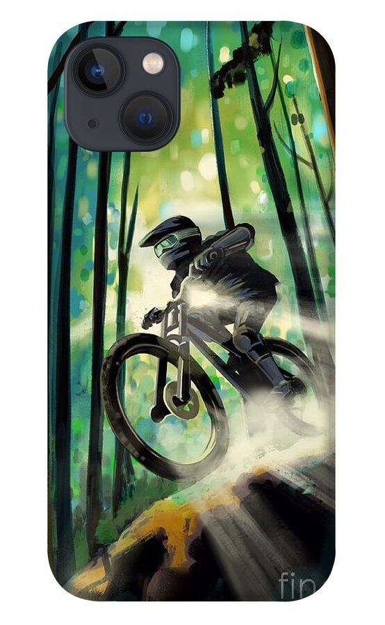 Mountain Bike iPhone 13 Case featuring the painting Forest jump mountain biker by Sassan Filsoof