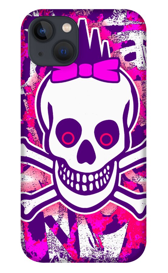 Girly iPhone 13 Case featuring the digital art Girly Punk Skull Graphic by Roseanne Jones