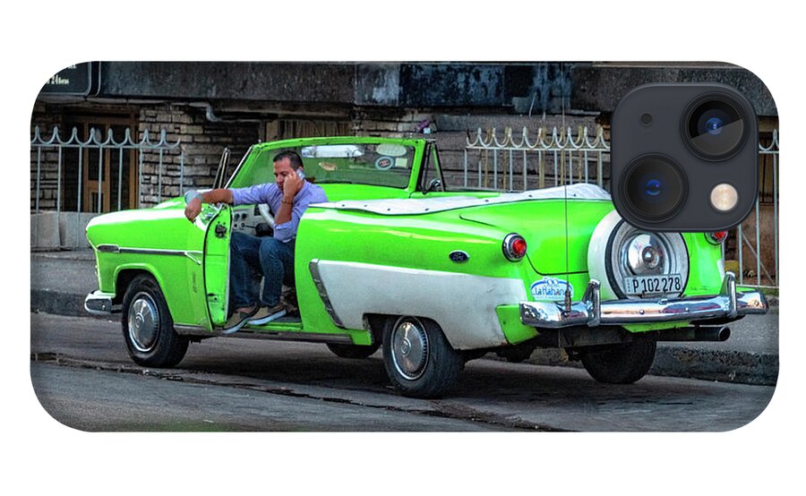 Havana Cuba iPhone 13 Case featuring the photograph Green And White Taxi by Tom Singleton