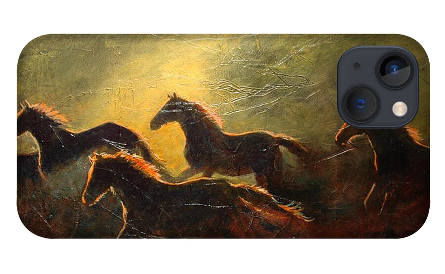 Horses iPhone 13 Case featuring the painting Horses in the Last Golden Rays of Evening by Cynthia Westbrook