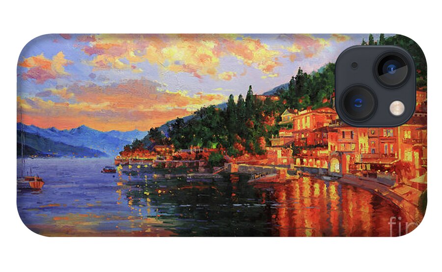 Italy Lake Como Bellagio Sunset Lake Lakecomo Sunset Dusk Sky Clouds Village Water Photographs Lake Como Original Italy Oil Painting Bellagio Sunset Lake Alps Lago Como Sky Clouds Buildings City Town Village Water Wall Art Framed Prints Old Village Paintings Landscape Cityscape Scenic Romantic Tuscany Oil Landscape Poppy Olive Village Chianti Wall Art Posters Tuscany Old Village Paintings Landscape Cityscape Scenic Romantic Europe European Artist Gary Kim Canvas Original Oil Painting Art iPhone 13 Case featuring the painting Lake Como Sunset by Gary Kim