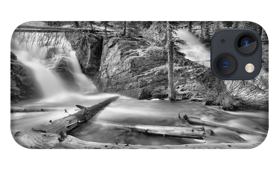 Twin Falls iPhone 13 Case featuring the photograph Logs Below Twin Falls Black And White by Adam Jewell