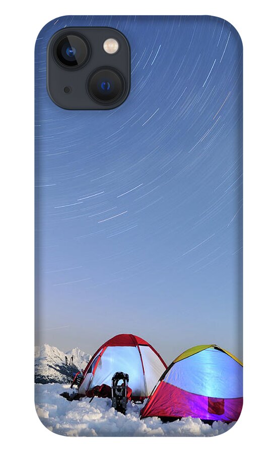 Tranquility iPhone 13 Case featuring the photograph Long Exposure Star Trails And Tents On by Lijuan Guo Photography