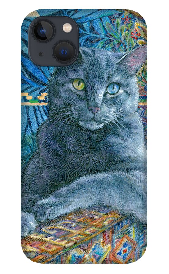 Cat Feline Moon Luna Blue Blues Colorful Portrait Ikat Gato Chat Azure iPhone 13 Case featuring the painting Luna Blue Cat by Jane Bucci