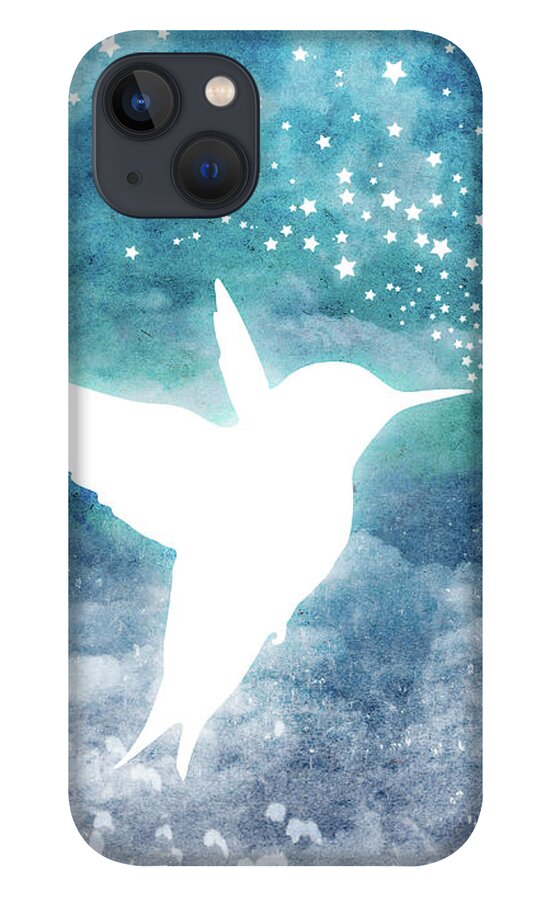 Hummingbird iPhone 13 Case featuring the digital art Magical, Whimsical Spirit Hummingbird Drinking Stars by Laura Ostrowski