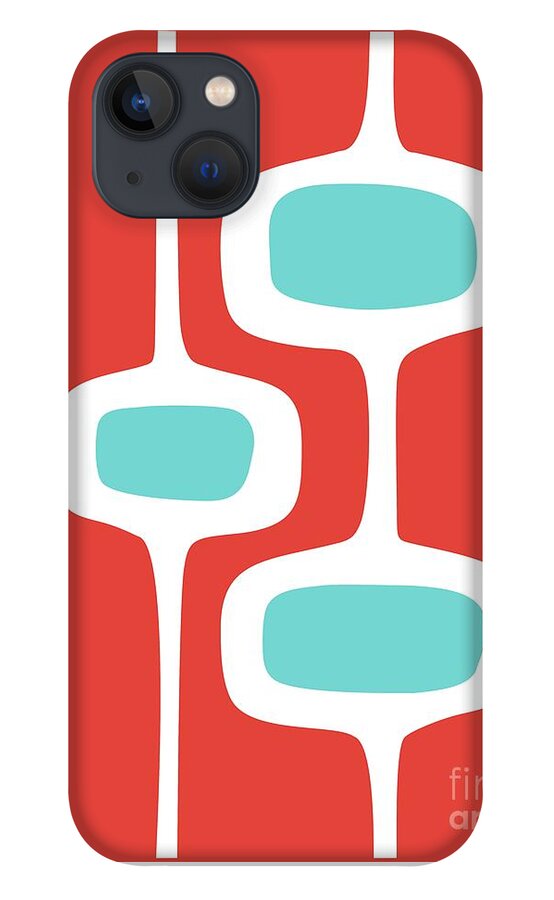 Mid Century Modern iPhone 13 Case featuring the digital art Mod Pod 2 Turquoise on Red by Donna Mibus