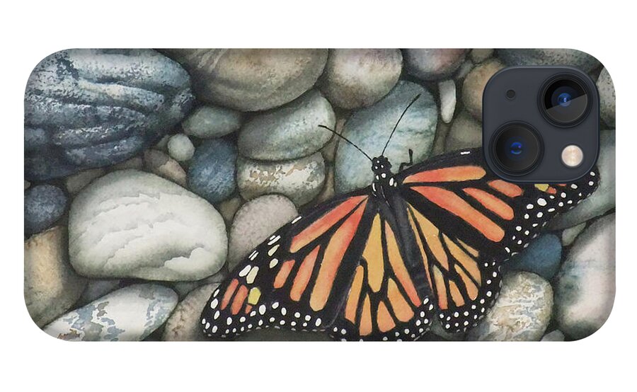 Pebbles iPhone 13 Case featuring the painting Monarch on the Rocks by Karen Richardson