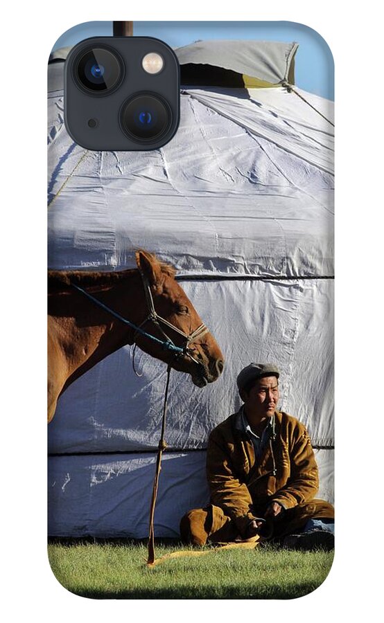 Horse iPhone 13 Case featuring the photograph Mongolian Herder Sits Outside Ger With by Timothy Allen