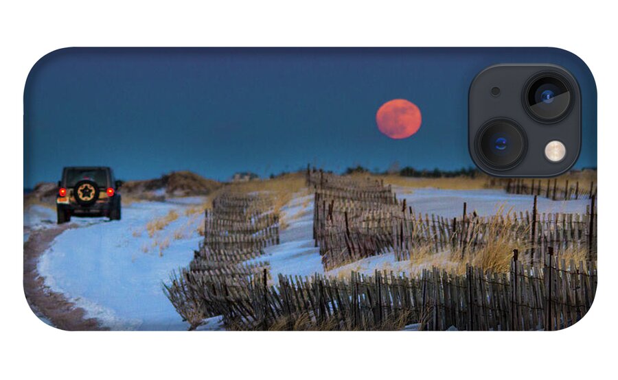Moon Moonrise Cupsogue Beach Moriches Inlet Tide Jeep Off Road Fence Westhampton New York Ny Long Island Hampton Hamptons Sand East Coast Coastal Atlantic Ocean iPhone 13 Case featuring the photograph Moonrise Cupsogue Outer Beach by Robert Seifert