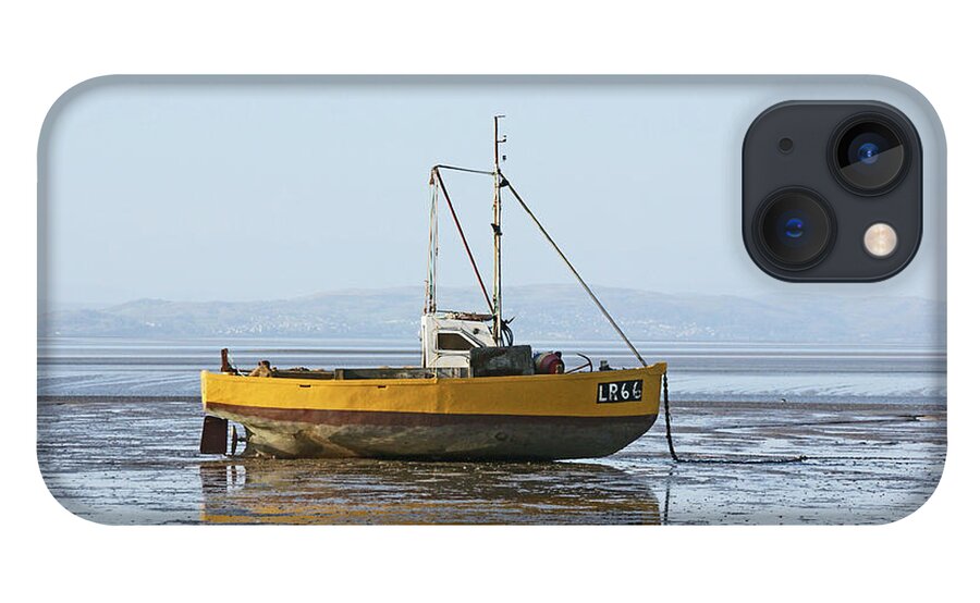 Morecambe Bay iPhone 13 Case featuring the photograph MORECAMBE. Yellow Fishing Boat. by Lachlan Main