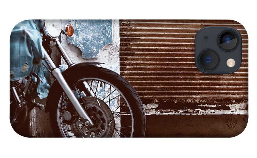 Land Vehicle iPhone 13 Case featuring the photograph Motorcycle Parked Rusty Garage Door by G.g.bruno