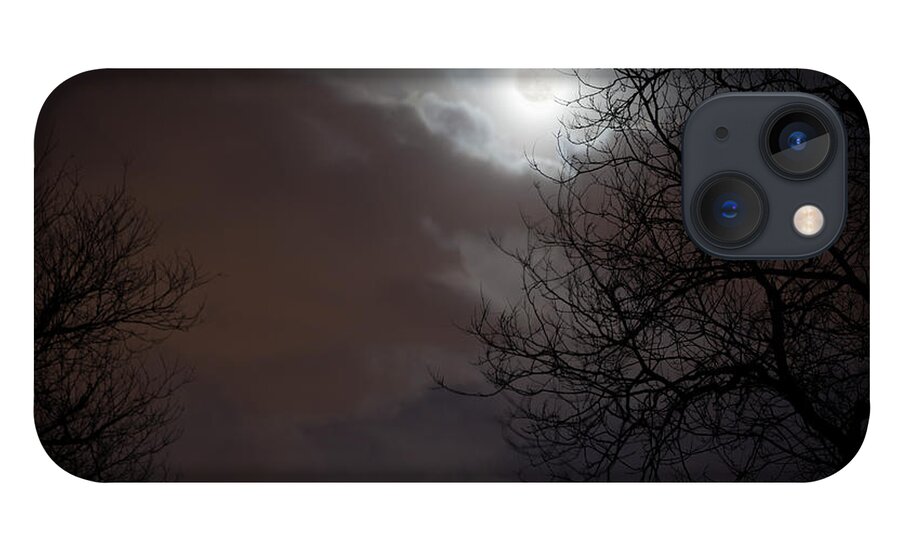Tranquility iPhone 13 Case featuring the photograph Night Sky With Moon, Clouds And Trees by Shannon Fagan