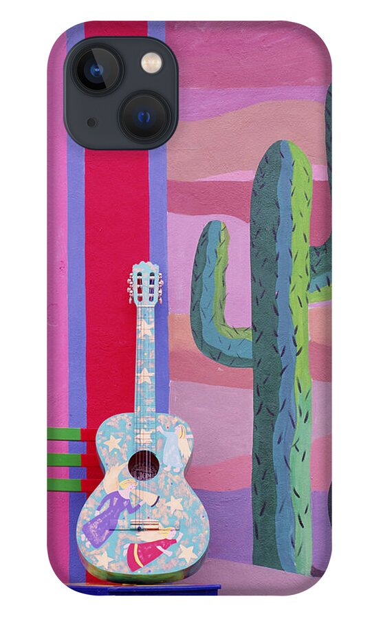 Music iPhone 13 Case featuring the digital art Painted Guitar, Chair & Wall In Cancun by Grant Faint