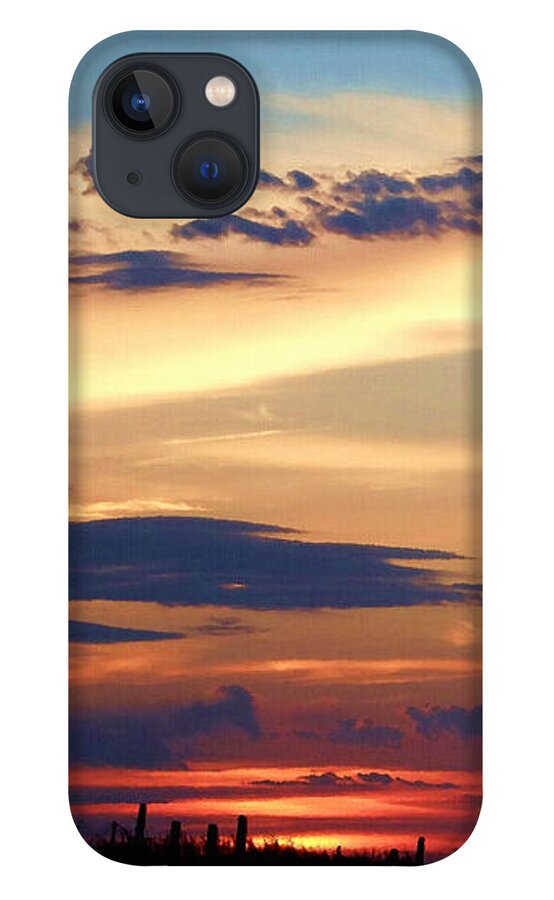 Colorful iPhone 13 Case featuring the mixed media Painted Oklahoma Sky with Windmill by Shelli Fitzpatrick