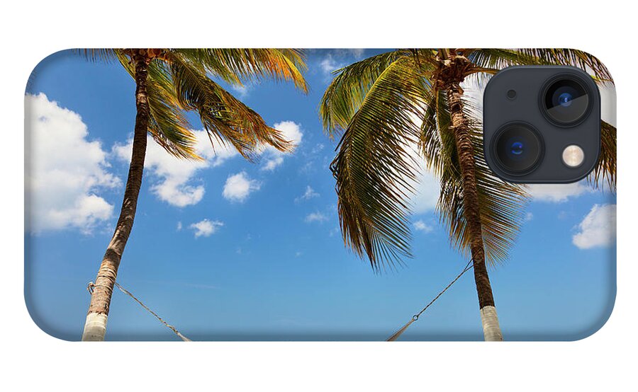 Estock iPhone 13 Case featuring the digital art Palm Tress And Hammock At Beach by Claudia Uripos