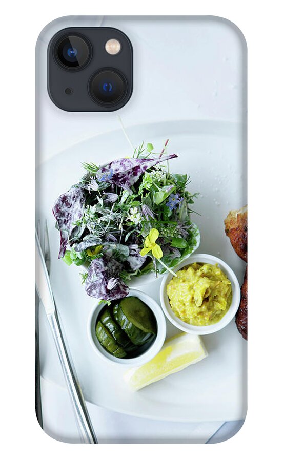 White Background iPhone 13 Case featuring the photograph Plate Of Fish With Herb Salad by Line Klein