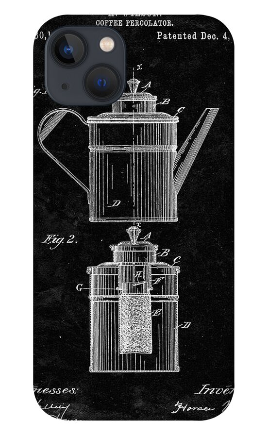Pp27-black Grunge Coffee 2 Part Percolator 1894 Patent Poster iPhone 13 Case featuring the digital art Pp27-black Grunge Coffee 2 Part Percolator 1894 Patent Poster by Cole Borders