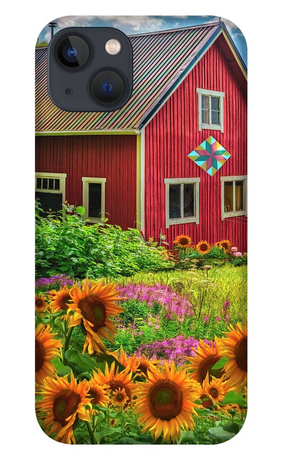 Barns iPhone 13 Case featuring the photograph Red Barn in Summer Sunflowers Watercolor Painting by Debra and Dave Vanderlaan
