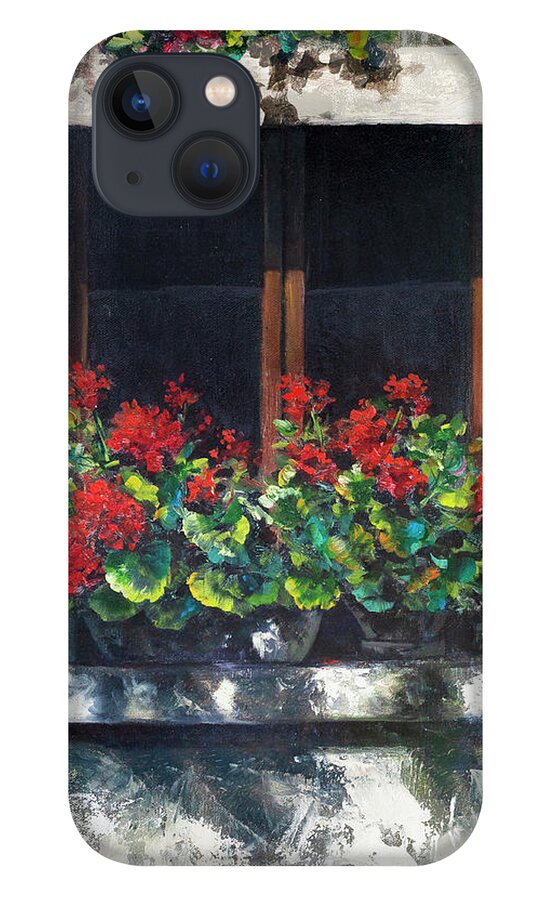 Red Geraniums iPhone 13 Case featuring the painting Red Geraniums Window by Lynne Pittard