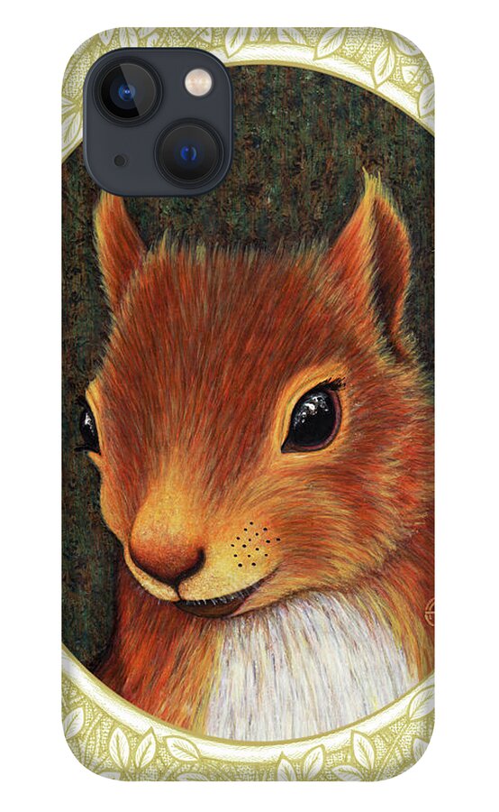 Animal Portrait iPhone 13 Case featuring the painting Red Squirrel Portrait - Cream Border by Amy E Fraser