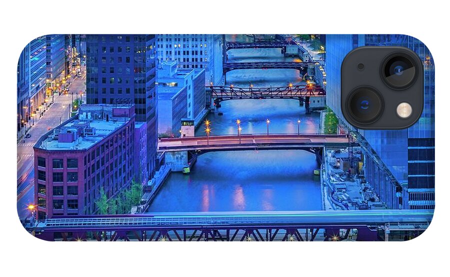 Estock iPhone 13 Case featuring the digital art River & Bridges, Chicago, Il by Claudia Uripos