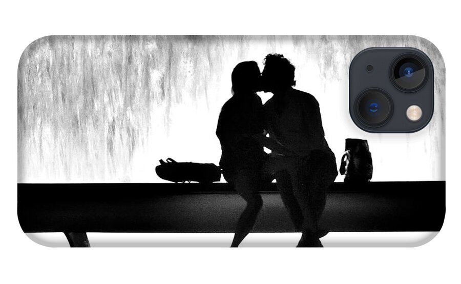 Black And White iPhone 13 Case featuring the photograph Romance by a Fountain - A New York Moment by Steve Ember