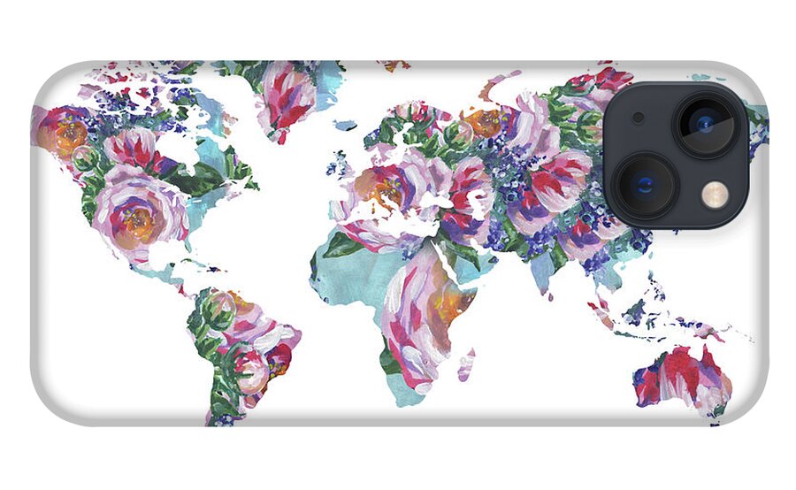 Pink iPhone 13 Case featuring the painting Rose Impression World Map by Irina Sztukowski