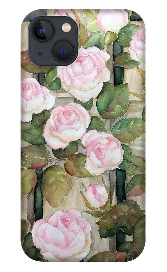 Floral iPhone 13 Case featuring the painting Garden roses on fence by Inese Poga