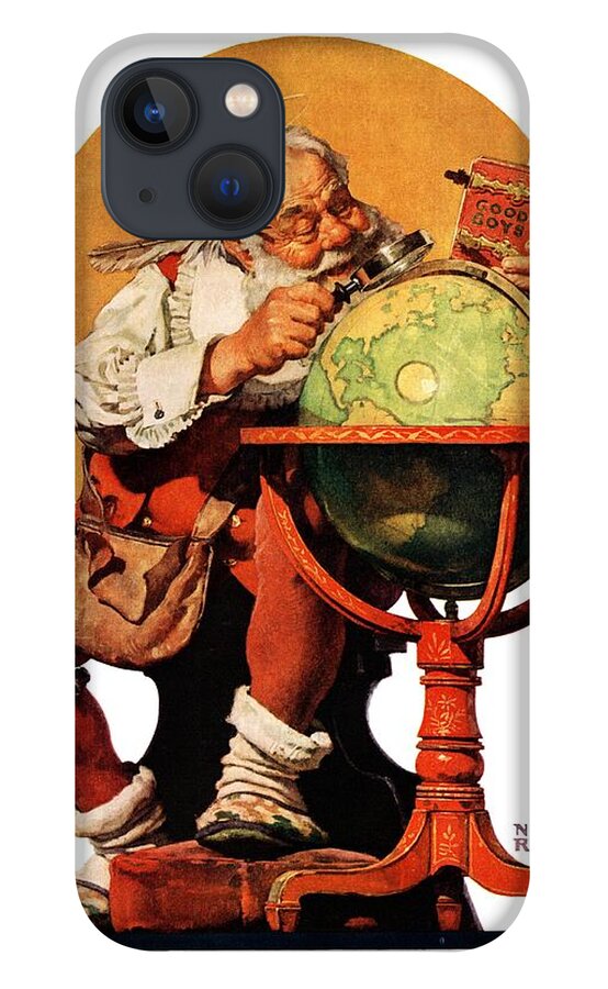 #faaAdWordsBest iPhone 13 Case featuring the painting Santa At The Globe by Norman Rockwell