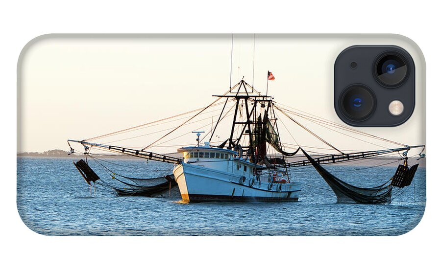 Water's Edge iPhone 13 Case featuring the photograph Shrimp Fishing Boat With Nets Out by Tshortell