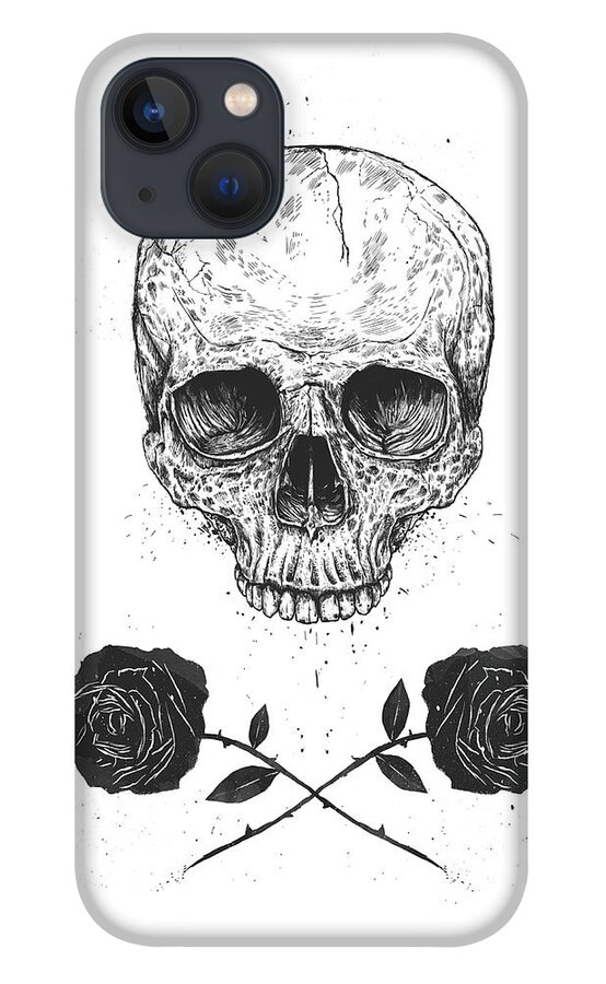 Skull iPhone 13 Case featuring the drawing Skull N' Roses by Balazs Solti