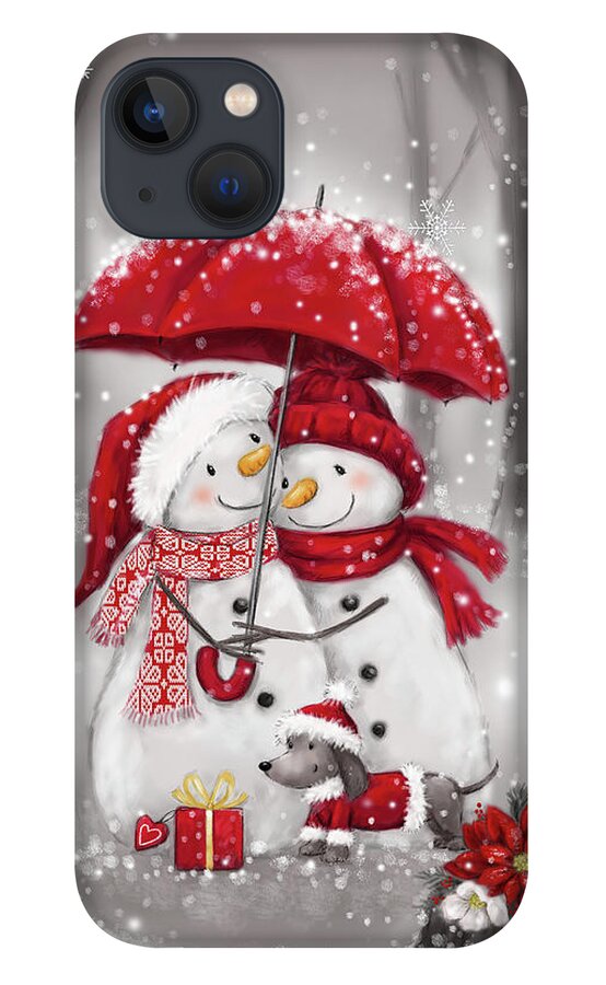 Snowmen With Umbrella 4 iPhone 13 Case featuring the mixed media Snowmen With Umbrella 4 by Makiko