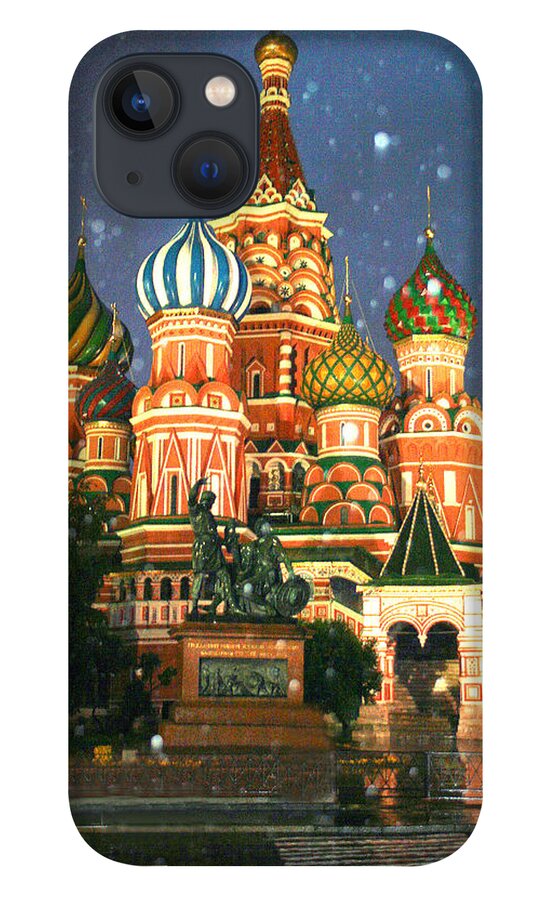 Red Square iPhone 13 Case featuring the photograph St Basils On Rainy Night by Diana Tonner Photos