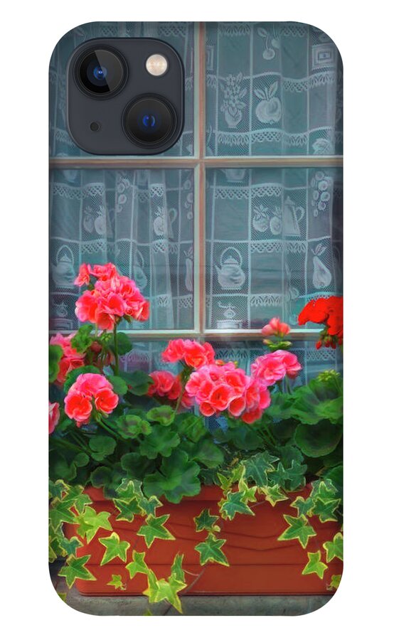 Barn iPhone 13 Case featuring the photograph Summer Geraniums in the Window Painting by Debra and Dave Vanderlaan