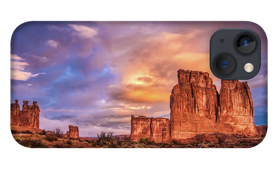 Arches National Park iPhone 13 Case featuring the photograph Sunrise on The Organ, Tower of Babel and the Three Gossips by Brenda Jacobs