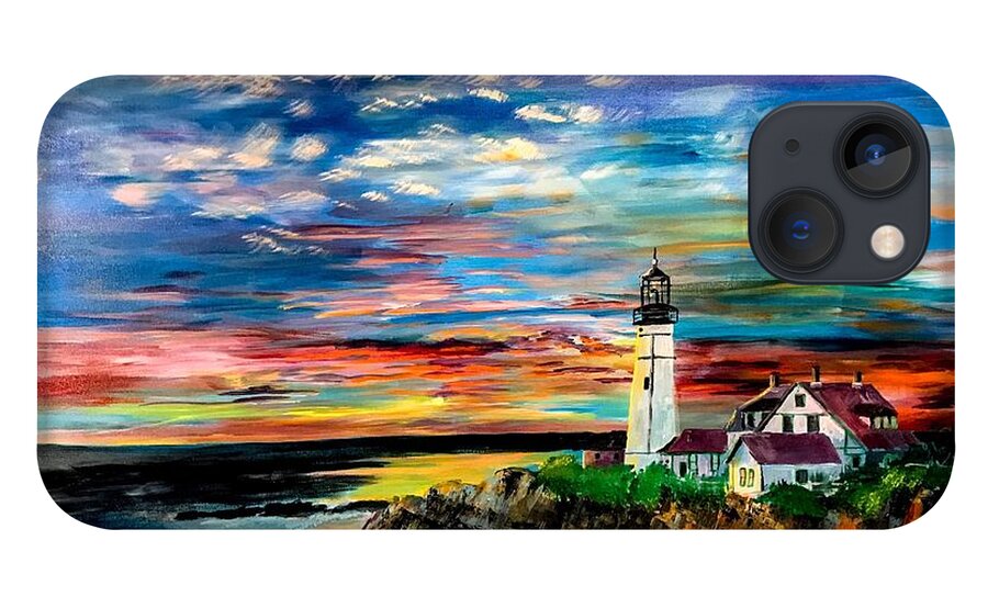 #ortlandheadlight iPhone 13 Case featuring the painting Sunrise over Portland head by Francois Lamothe