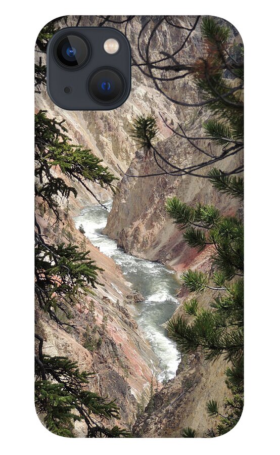 River iPhone 13 Case featuring the digital art The Yellowstone River Seen through the Pines by Jayne Wilson